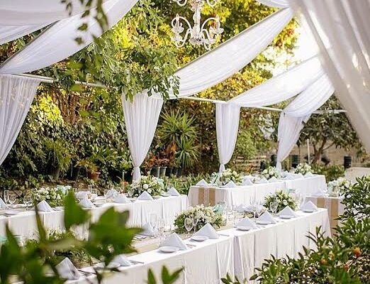 Open tent frame with draping